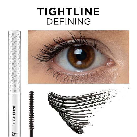 The text, "Tightline. Defining," over images of a tube of IT Cosmetics Tightline, a mascara brush, a close-up of an eye with mascara, and a swipe of black mascara.